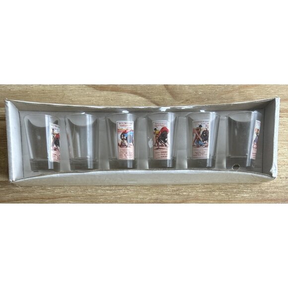 Vintage Barware Set of 6 Bullfighting Spain Shot Glasses In Original Box Matador - Picture 1 of 3